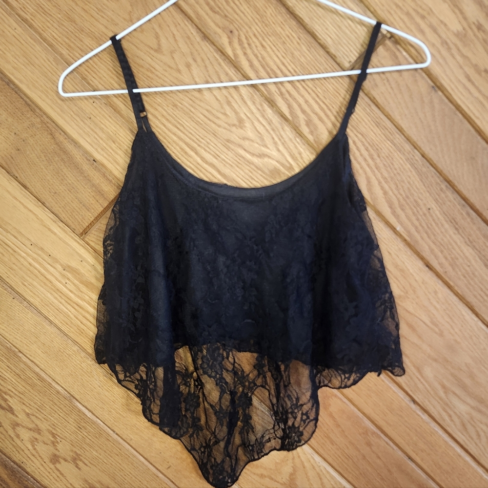 Fashion Starts Here large black lace triangle front  spaghetti strap crop top